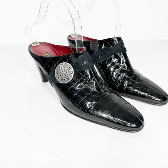 Brighton Romeo Mules Italian Black Patent Leather Kitten Heel Croc embossed 9.5 - Picture 2 of 7